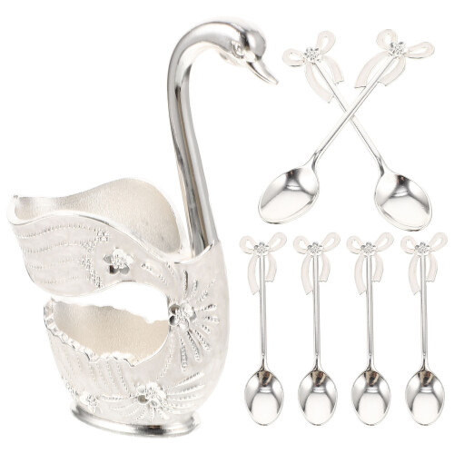 2Sets Smooth Silver Metal Spoons with Swan Base Storage Rack 1