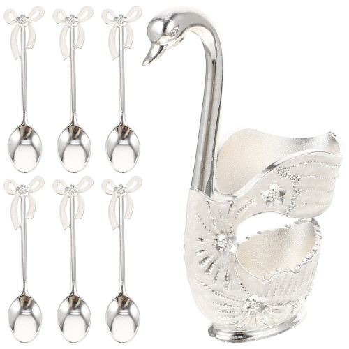 2Sets Smooth Silver Metal Spoons with Swan Base Storage Rack 2