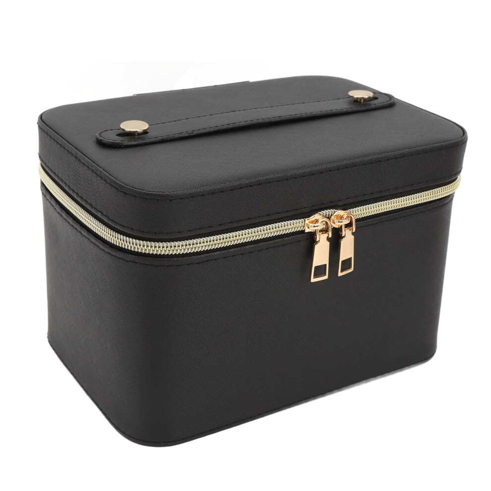 Large Capacity PU Leather Makeup Bag with Mirror, Black M, Breathable Portable