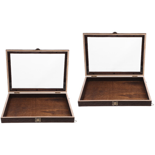 2Pcs Compact Brown Wooden Specimen Storage Boxes with Transparent Lid 2