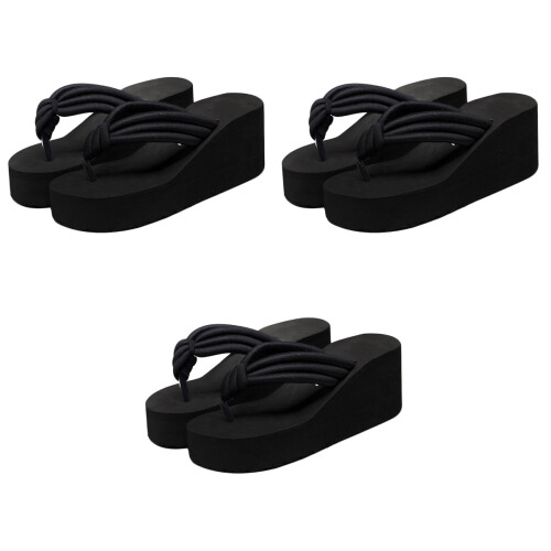 3Pcs Comfortable Black Platform Slippers Non-Slip Beach Knoted Sandals 1