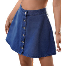 Gonna Corta Svasata con Bottoni Sul Davanti In Denim Lavato da Donna, Minigonna A Trapezio, Casual, A Vita Alta Blu Profondo XL