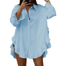 Women'S Irregular Ruffle Trim Split Curved Hem Blouse Loose Lapel Collar Button Down Long Sleeve Shirt Light M
