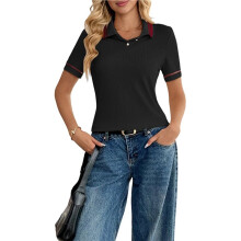 Damen-Golfshirt mit Streifenmuster, Locker Geschnitten, Kurzarm, Sommer-Pullover, Stretch-Bluse für Business und Freizeit Schwarz L
