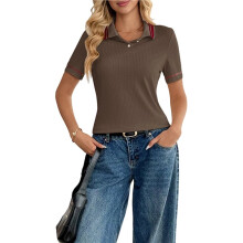 Locker Geschnittenes Damen-Golfshirt mit Streifenmuster und Reverskragen, Kurzarm-Sommerpullover, Stretch-Freizeitbluse Kaffeebraun L