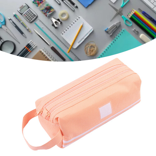 Pink Canvas Pencil Case Double-Tier Large Capacity