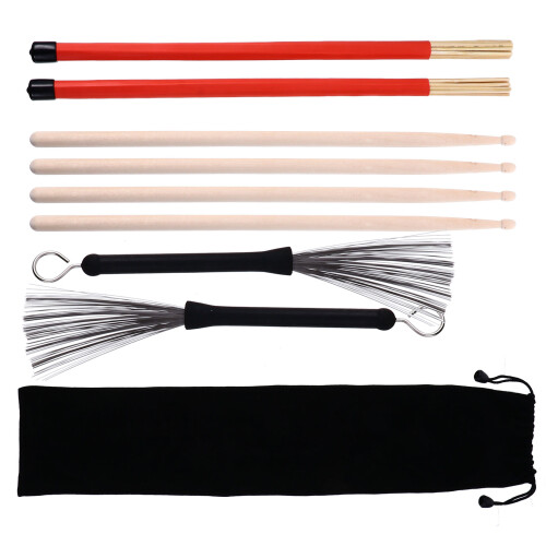 2Sets Drum Sticks Set Met Rubber Handvat Staal En Bamboe Borstel 1