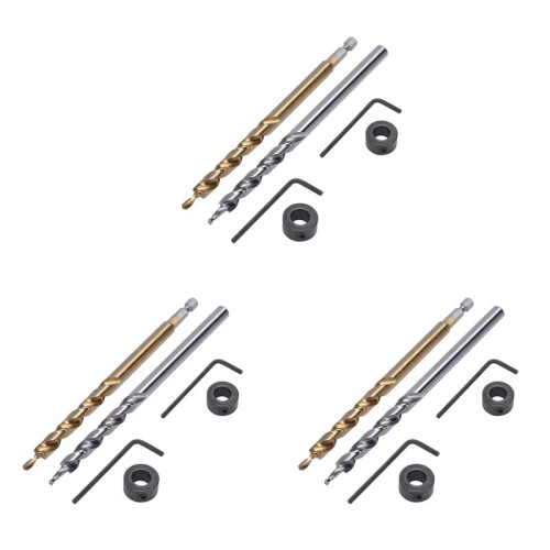 6Pcs 1/4 Inch Hex Shank Pocket Hole Drill Bit + 3/8(9.5mm)Replacement Twist Step Drill Bit with Depth Stop Collar