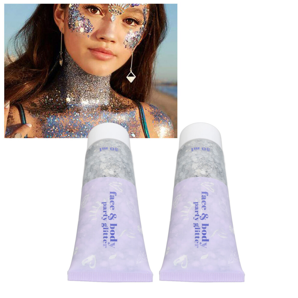 2Pcs Silver 50ml Holographic Face & Body Glitter Gel Sequin for Face, Hair, Lip