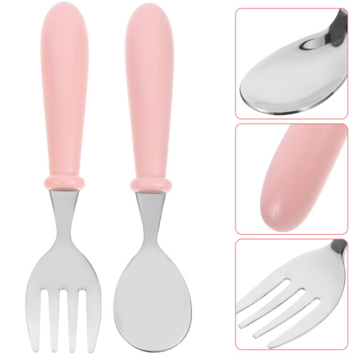 3Ensembles Couverts Bébé Acier Inoxydable Rose Fourchette 1