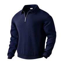(Navy blue, L) Felpa da uomo retrò in jacquard pesante con mezza cerniera e collo rovesciato