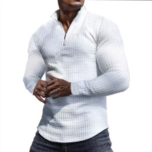 (White, M) Men's Checkered Half-Zip Sweatshirt Stand Collar Long Sleeve Top