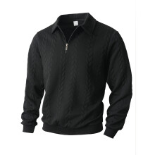 (black, L) Herren-Sweatshirt mit Jacquard-Muster, Kragen und Reißverschluss, Freizeit-Sportbekleidung für Herbst/Winter