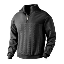 (black, L) Retro-Patchwork-Jacquard-Pullover mit Reißverschluss, schweres Strick-Sweatshirt