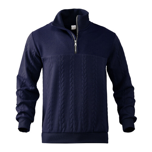 (Navy blue, XL) Retro-Patchwork-Jacquard-Pullover mit Reißverschluss, schweres Strick-Sweatshirt