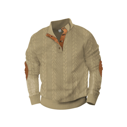 (Khaki, XXL) Trendy Jacquard Button-Down Embroidered Sweatshirt