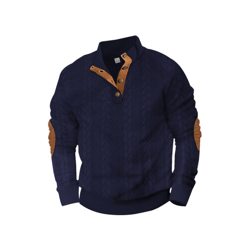 (Navy blue, XXL) Trendy Jacquard Button-Down Embroidered Sweatshirt