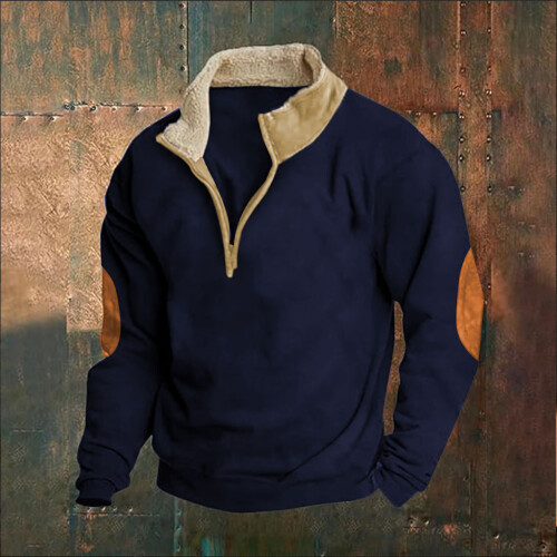(Navy blue, L) Retro Patchwork Embroidered Half-Zip Men's Long Sleeve Sweatshirt