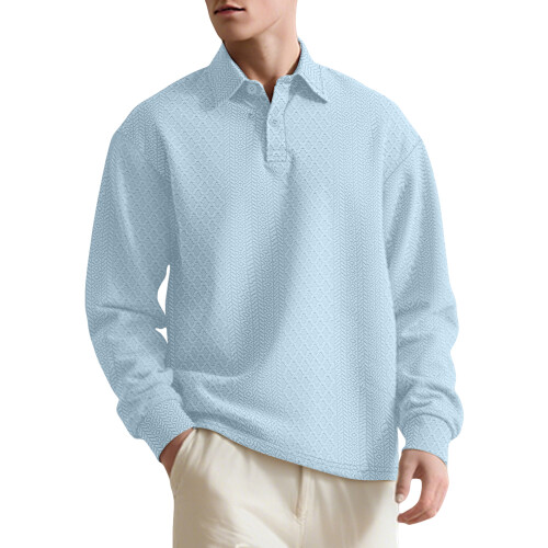 (Light Blue, M) Men's Textured Jacquard Solid Button-Up Long Sleeve Loose Sweatshirt
