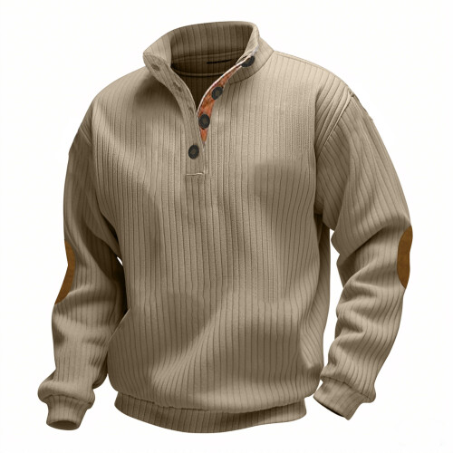 (Khaki 1, S) Autumn/Winter Men's Jacquard Knit Pullover Button-Up Sweatshirt