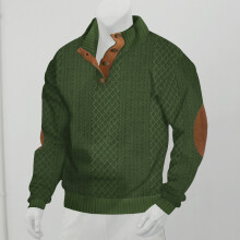 (military green, XL) Autumn/Winter Men's Jacquard Knit Pullover Button-Up Sweatshirt