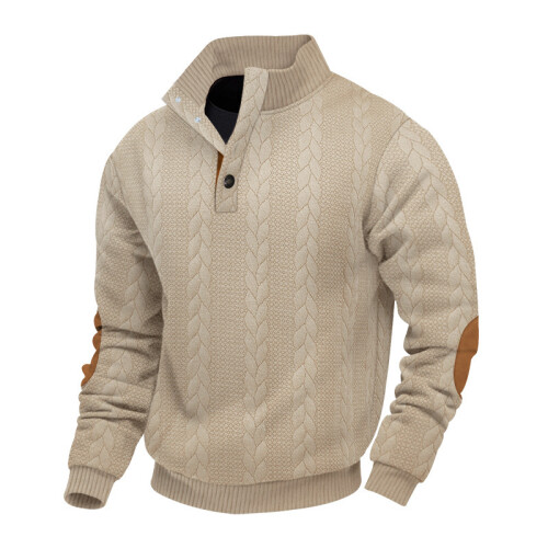 (Khaki 2, L) Autumn/Winter Men's Jacquard Knit Pullover Button-Up Sweatshirt