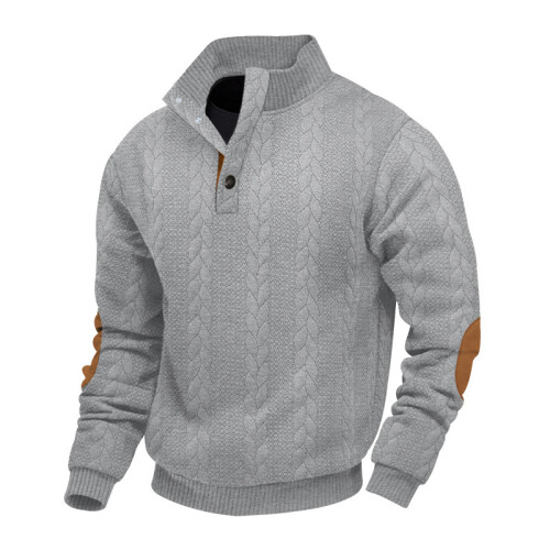 (Light Gray 2, XL) Autumn/Winter Men's Jacquard Knit Pullover Button-Up Sweatshirt