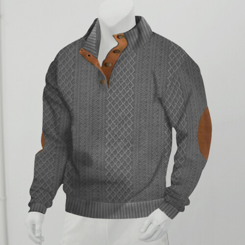 (Dark gray, L) Autumn/Winter Men's Jacquard Knit Pullover Button-Up Sweatshirt