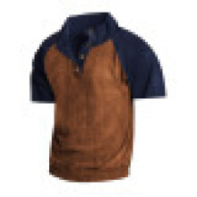 (Coffee brown/navy blue, S) European Size Men's Corduroy Short Sleeve T-Shirt