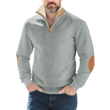 (Light gray, XXXL) Felpa da uomo a maniche lunghe con mezza zip e ricamo patchwork retrò