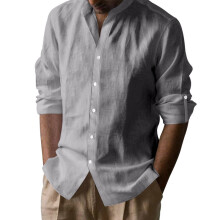 (grey, S) Camicia hawaiana in cotone e lino con colletto Henley a maniche lunghe da uomo americano