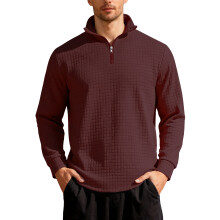 (Wine Red, L) Sweat-shirt homme automne/hiver ample en jacquard à col montant et demi-zip