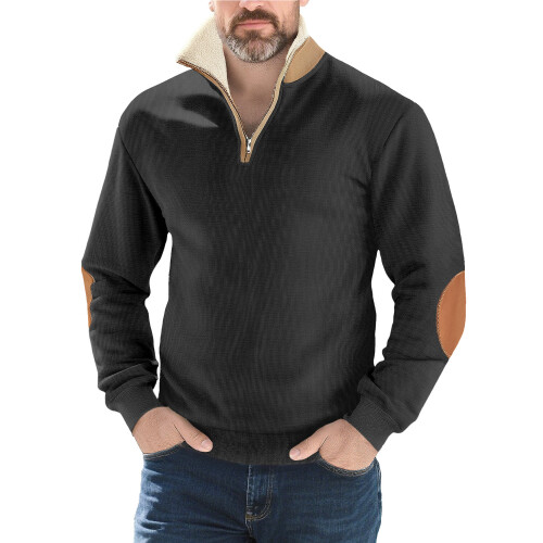 (black, XL) Felpa da uomo a maniche lunghe con mezza zip e ricamo patchwork retrò