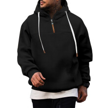 (black, L) Felpa con cappuccio e zip foderata in pile da uomo, felpa casual autunno-inverno