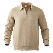 (Khaki, S) Felpa da uomo retrò in jacquard pesante con mezza cerniera e collo rovesciato