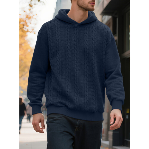 (Navy blue, M) Men's Plus Size Thickened Jacquard Hooded Sweatshirt