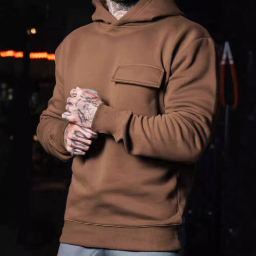 (Caramel color, S) Men's Plus Size Hooded Pullover Sweatshirt with Patch Pockets