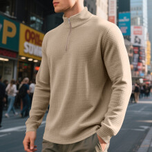 (Khaki, XL) Sweat-shirt ample à demi-zip en jacquard pour homme, automne/hiver