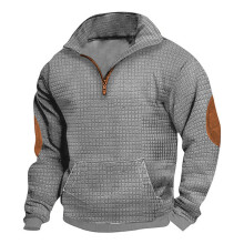 (grey, XXL) Autumn/Winter Men's Plaid Zip-Up Suede Embroidered Jacquard Sweatshirt