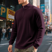 (Wine Red, M) Felpa con mezza zip in jacquard da uomo autunno/inverno