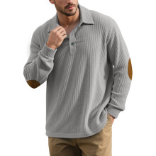 (grey, M) Cord-Kapuzenpullover für Herren mit Reverskragen und Knöpfen