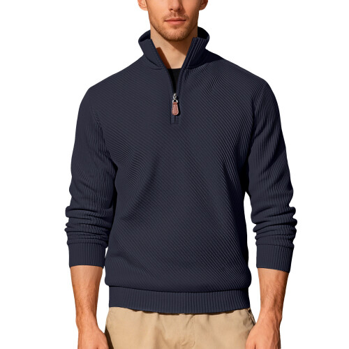 (Navy blue, S) 26 Men's Twill Jacquard Ribbed Half-Zip Sweatshirt