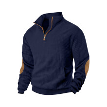 (Navy blue, M) Herren-Sweatshirt mit Karomuster, Reißverschluss, Wildleder und Jacquard-Stickerei für Herbst/Winter