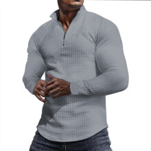 (Light gray, L) Felpa a quadri da uomo con mezza zip e collo alto, manica lunga