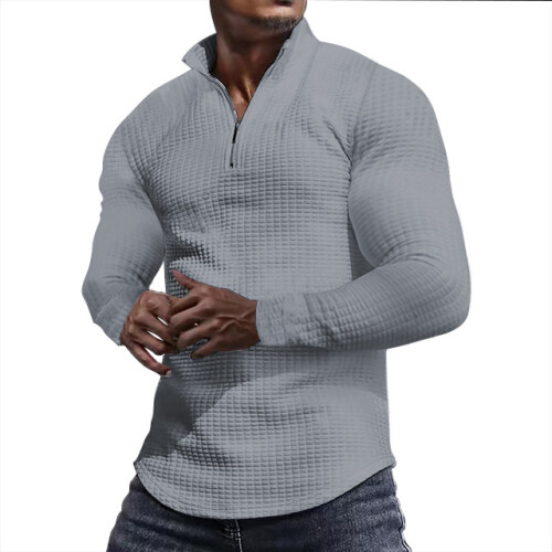 (Light gray, M) Men's Checkered Half-Zip Sweatshirt Stand Collar Long Sleeve Top
