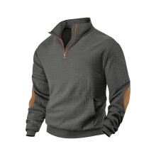 (Dark gray, XXXL) Felpa da uomo autunno/inverno in camoscio con ricamo jacquard e cerniera a quadri