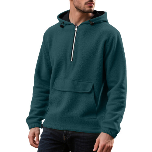(Denim Blue, M) Half-Zip Thickened Hoodie with Patch Pockets