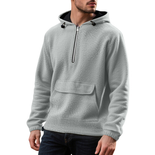 (Light gray, S) Half-Zip Thickened Hoodie with Patch Pockets