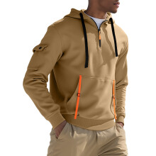 (Khaki, S) Sweat à capuche en polaire pour homme avec fermeture éclair et poches, sweat-shirt décontracté automne/hiver