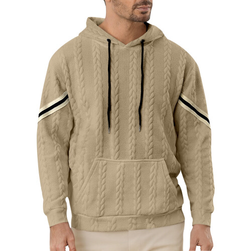 (Khaki, XL) Felpa leggera con cappuccio e patchwork jacquard da uomo